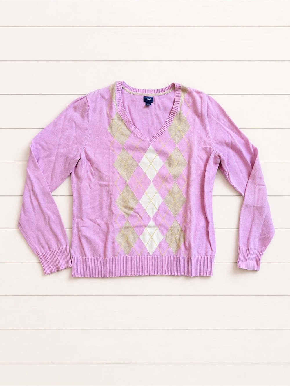 Izod Pink Argyle V-Neck Sweater Women’s - size L